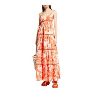NWT Farm Rio Orange Neon Jungle Tiered Maxi Dress